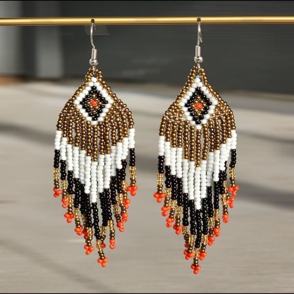Boheme Jewelry - YAZ BEADED BOHO EARRINGS RICE BEADS DANGLE BOHEMIAN ETHNIC BRONZE RED HANDMADE